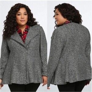 Torrid Fit & Flare Tweed Jacket Asymmetrical Zip Marled Gray Women Plus 1X Moto